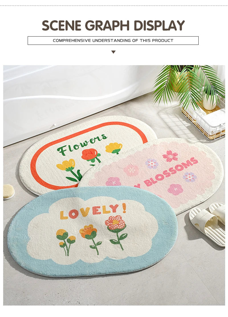 Small Fresh Floral Bath Mat, Absorbent Non-Slip Bathroom Rug with Words, Soft Toilet & Bedroom Floor Carpet, Decorative Entrance Doormat