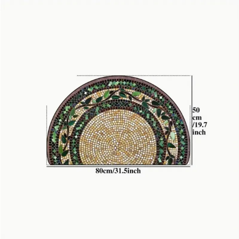 Mosaic Half-Round Rug - Golden Spiral & Leaf Border, Non-Slip Art Deco Mat