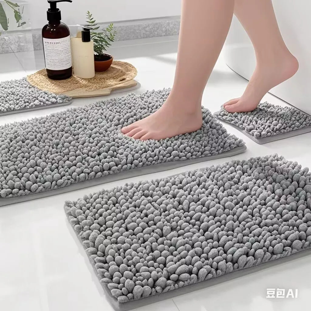 Gray Chenille Bath Mat - Super Soft & Absorbent Plush Rug for Bathroom and Kitchen