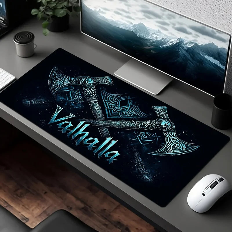 Viking Valhalla Desk Mat - Double Axe & Rune Design, Large 900x400mm Mouse Pad