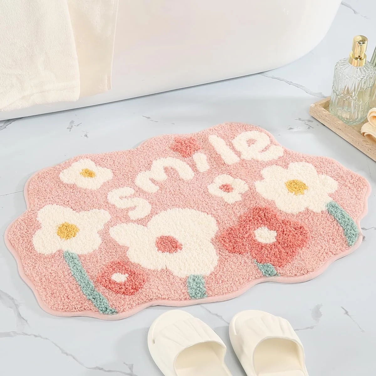 Small Floral Bath Mat - Plush Faux Cashmere, Absorbent & Non-Slip Rug