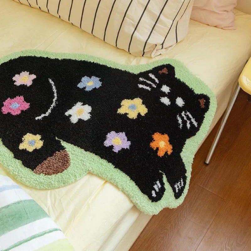 Cute Cat Floor Mat, Soft Furry Bedside Rug, Plush Kids Room Carpet, Non-Slip Nursery Mat, Cat Themed Bedroom Decor