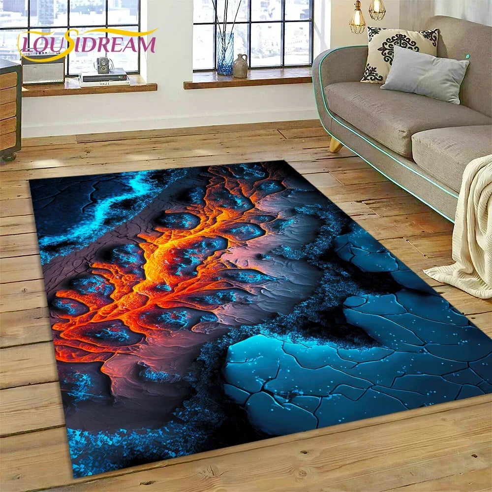 3D Volcano Rug for Kids Room - Lava Magma Themed Play Mat, Non-Slip Large Area Carpet