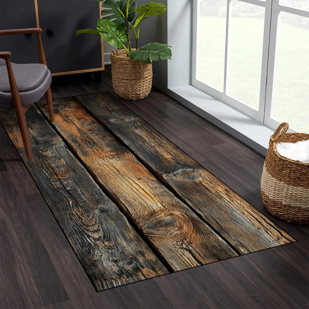 Vintage Wood Grain Runner Rug - Lightweight & Easy Wash for Hallway & Kitchen