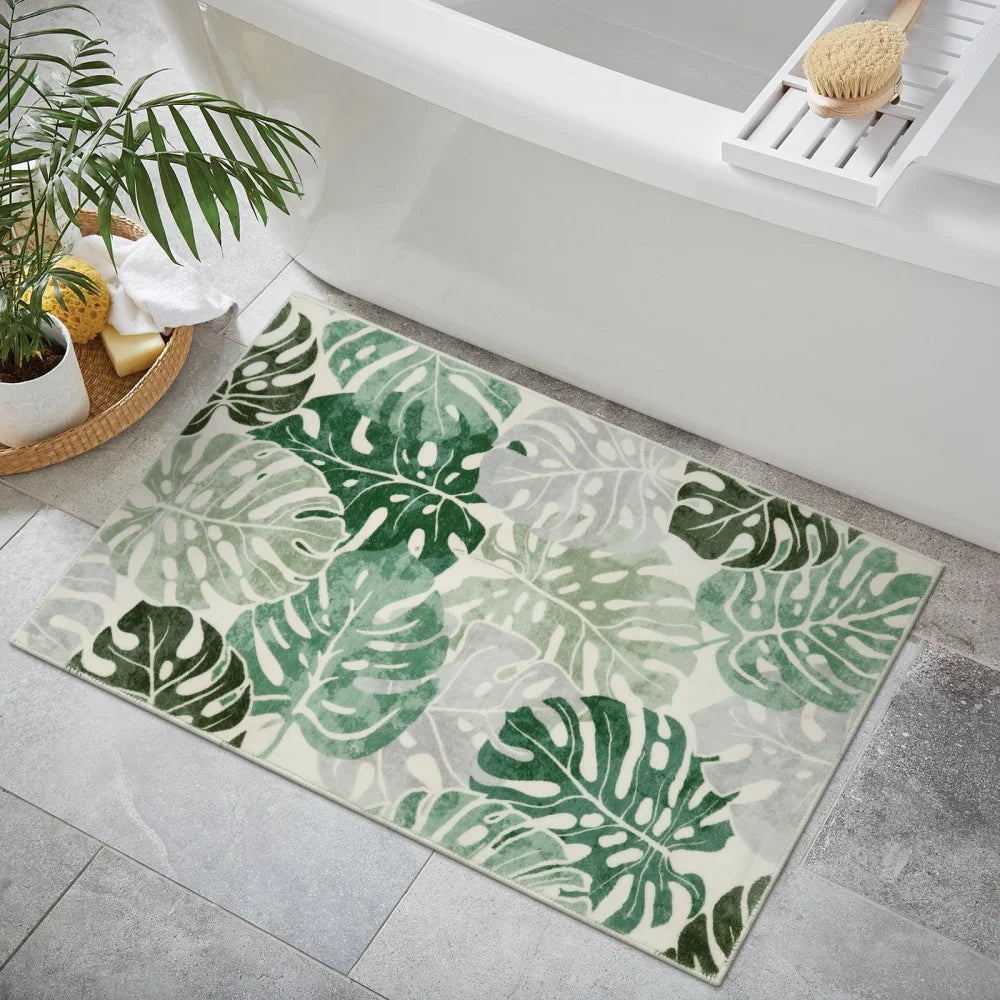 Green Leaf Anti-Slip Mat - Absorbent Kitchen & Bathroom Rug for Home Decor