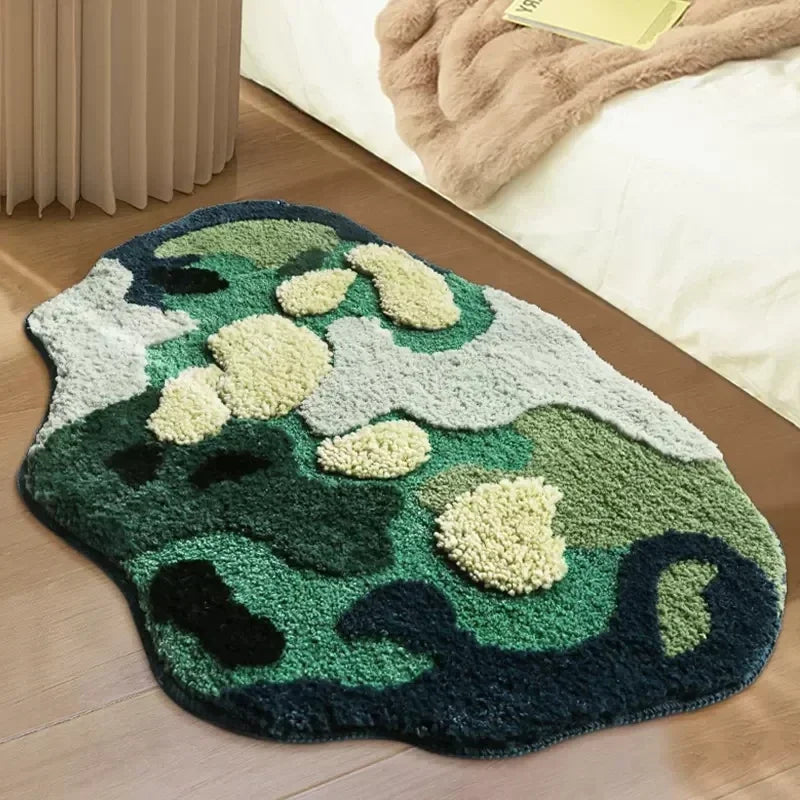 Nordic 3D Moss Rug, Artificial Lawn Carpet for Bedroom, Green Forest Irregular Floor Mat, Chic Living Room Decor, Modern Bedside Area Rug