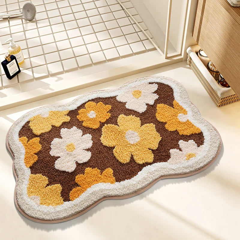 Floral Faux Cashmere Bath Mat - Ultra Absorbent, Quick-Dry & Non-Slip Bathroom Rug
