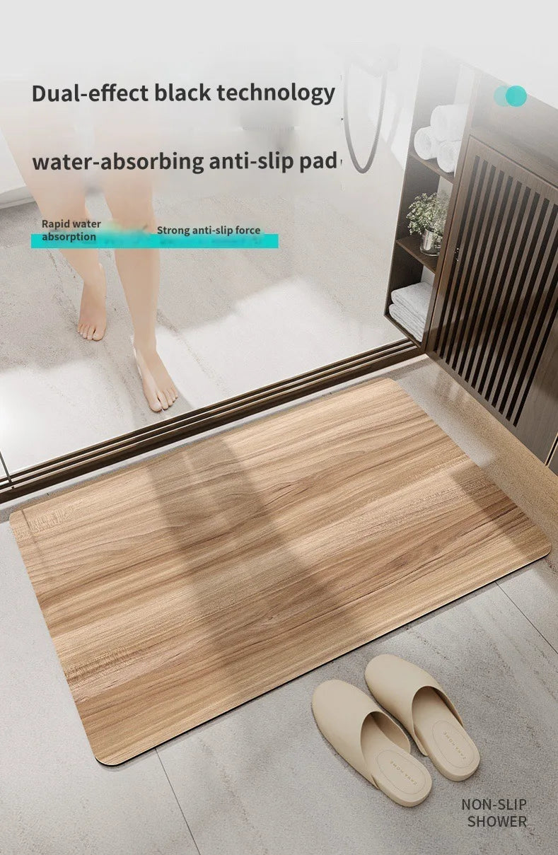 Black Wood Grain Bath Mat - Quick-Dry, Absorbent & Non-Slip Diatomite Rug