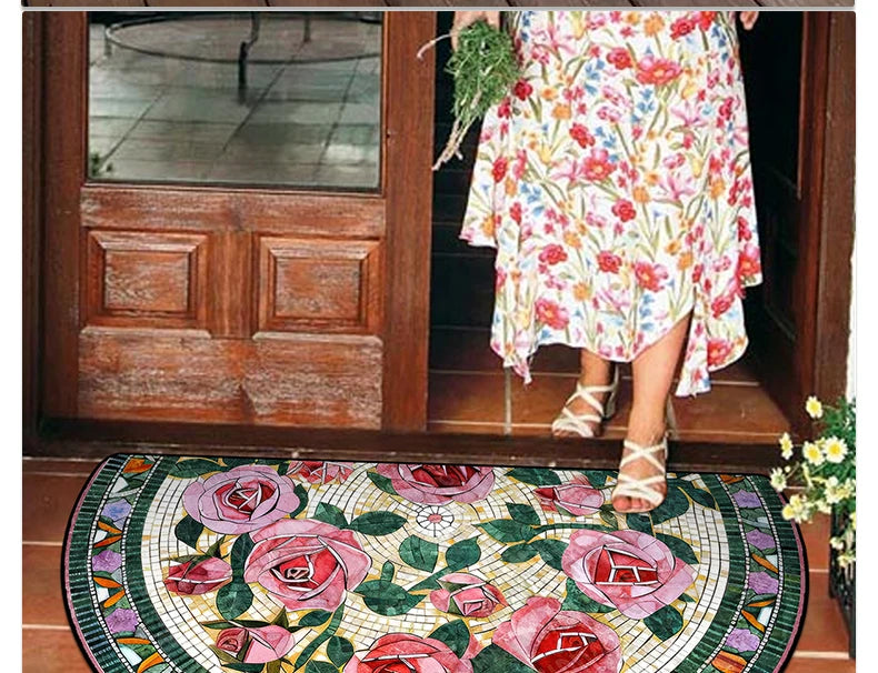 Floral Semi-Circular Doormat - Decorative & Durable Outdoor/Indoor Entrance Rug