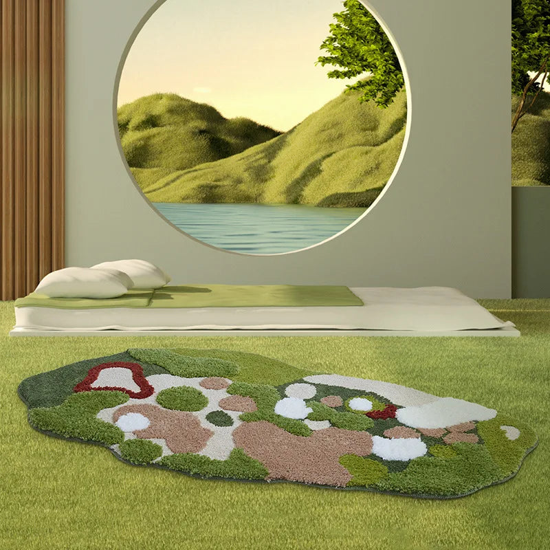 Green Moss Tufted Rug - Irregular Soft Carpet for Kids Room & Nursery Floor