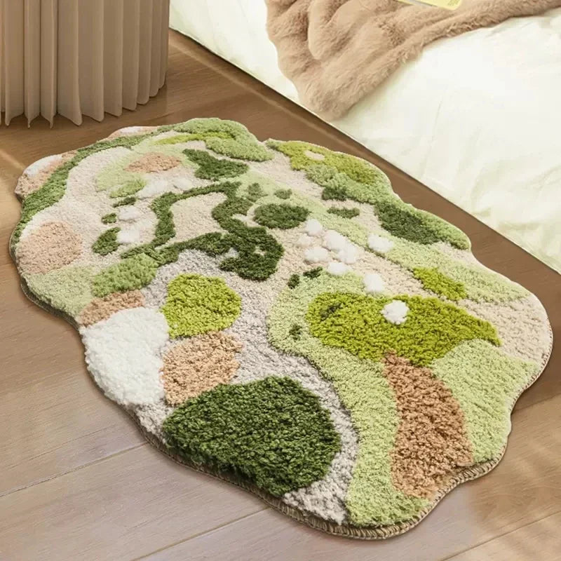 Nordic 3D Moss Rug, Artificial Lawn Carpet for Bedroom, Green Forest Irregular Floor Mat, Chic Living Room Decor, Modern Bedside Area Rug