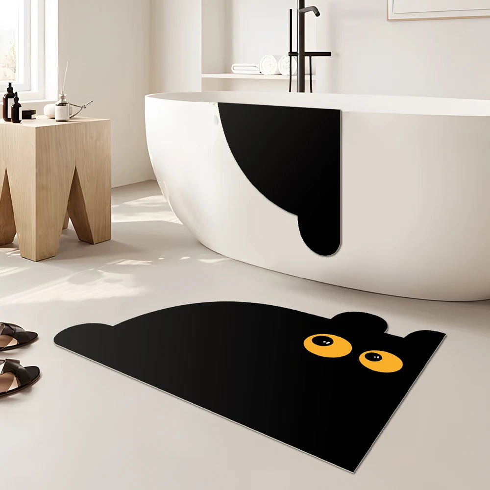 Cat Shaped Bath Mat, Diatomaceous Earth Quick Dry Mat, Funny Cat Lovers Gift, Absorbent Non-Slip Bathroom Rug, Black Cat Decor