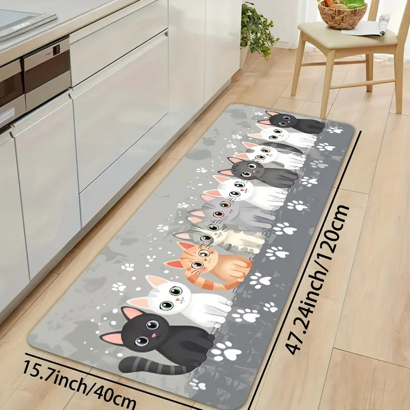 Cute Kitten Kitchen Mat - Absorbent & Non-Slip Floor Pad with Paw Print Design