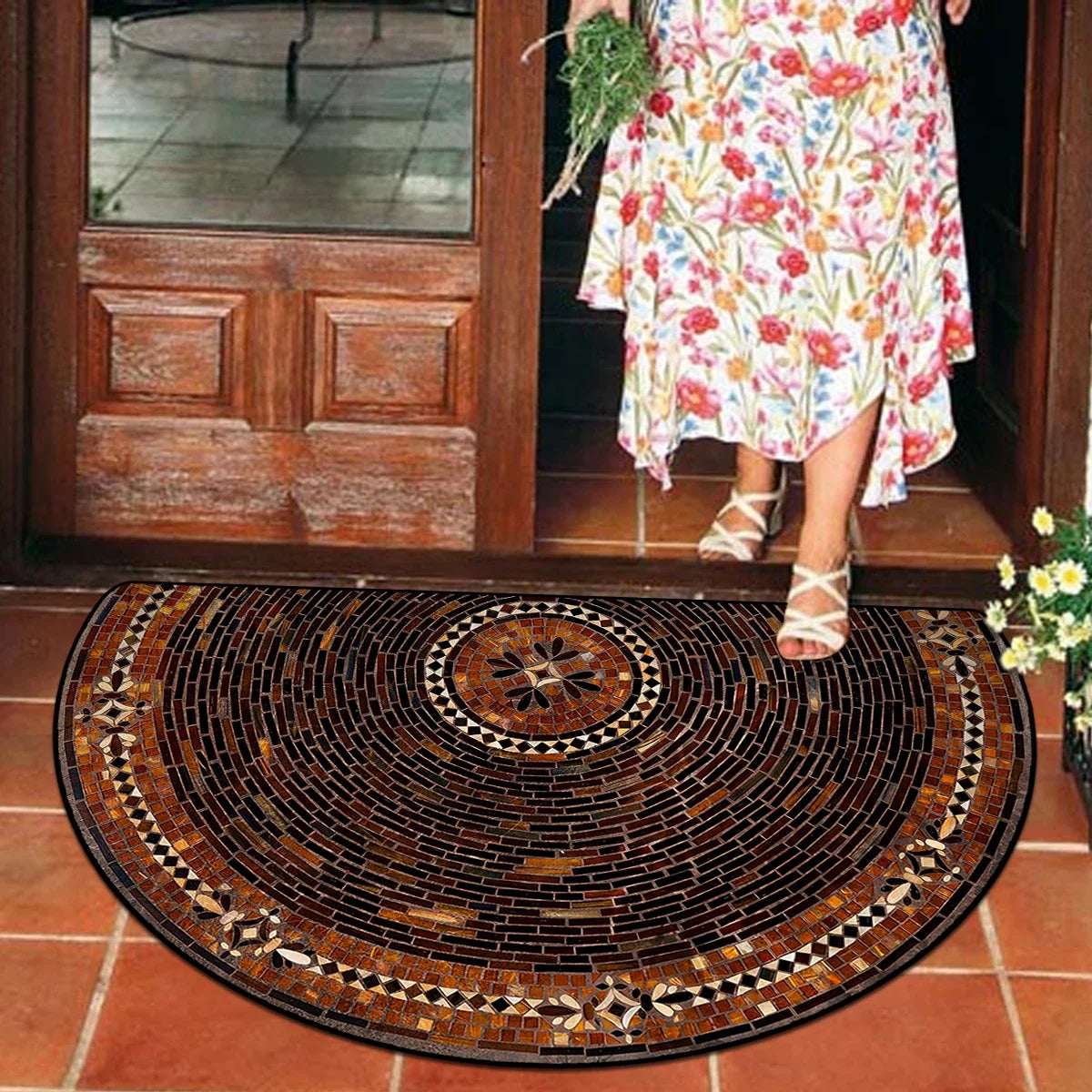 Floral Semi-Circular Doormat - Decorative & Durable Outdoor/Indoor Entrance Rug