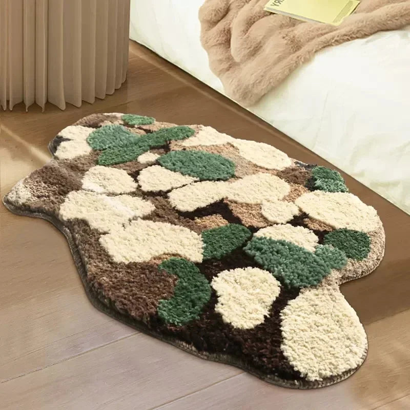 Nordic 3D Moss Rug, Artificial Lawn Carpet for Bedroom, Green Forest Irregular Floor Mat, Chic Living Room Decor, Modern Bedside Area Rug