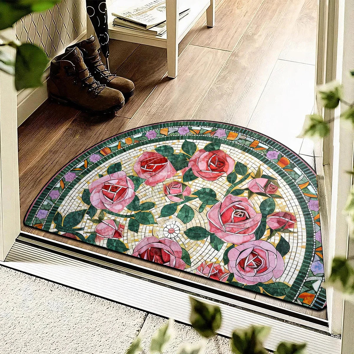 Floral Semi-Circular Doormat - Decorative & Durable Outdoor/Indoor Entrance Rug