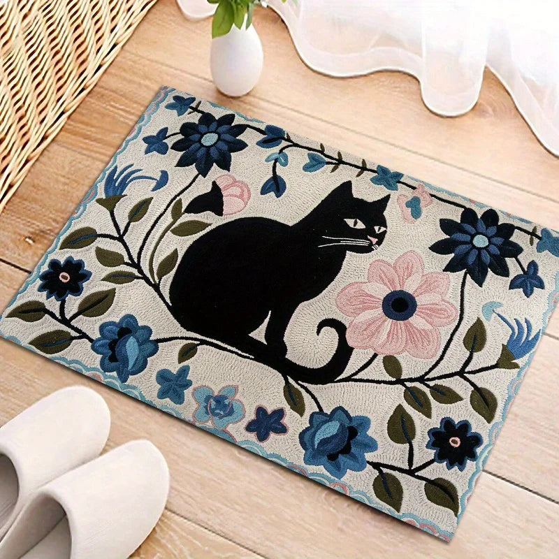 Black Cat Floral Floor Mat - Cute Pet Themed Rug for Bedroom & Children's Room