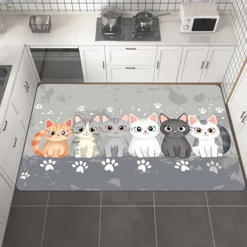 Cute Kitten Kitchen Mat - Absorbent & Non-Slip Floor Pad with Paw Print Design