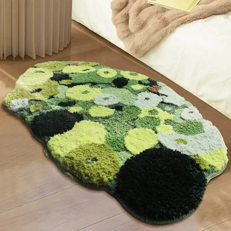 Nordic 3D Moss Rug, Artificial Lawn Carpet for Bedroom, Green Forest Irregular Floor Mat, Chic Living Room Decor, Modern Bedside Area Rug