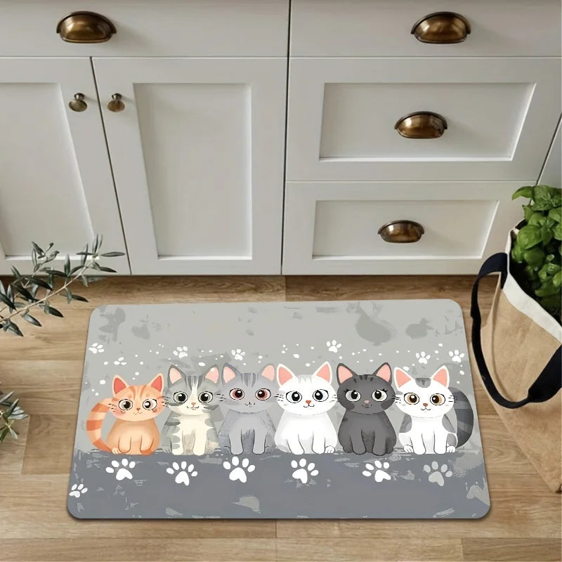 Cute Kitten Kitchen Mat - Absorbent & Non-Slip Floor Pad with Paw Print Design