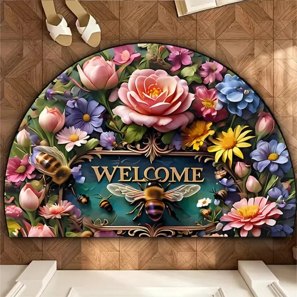 Boho Floral Half-Moon Doormat - Non-Slip & Washable for Indoor/Outdoor Entry