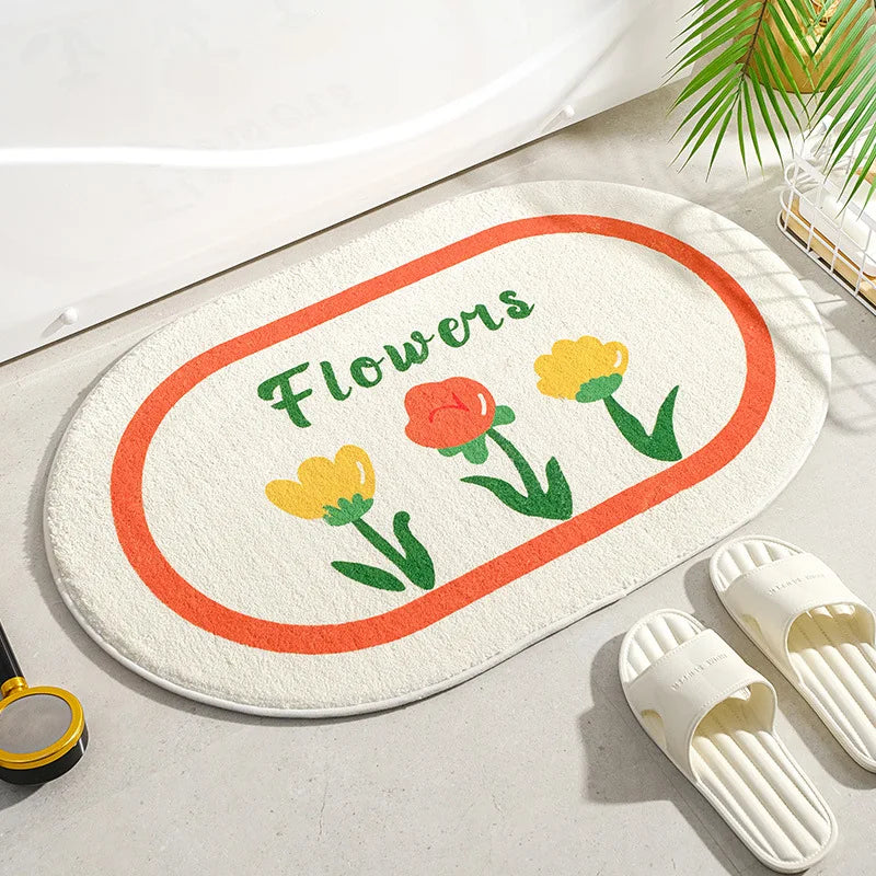 Small Fresh Floral Bath Mat, Absorbent Non-Slip Bathroom Rug with Words, Soft Toilet & Bedroom Floor Carpet, Decorative Entrance Doormat