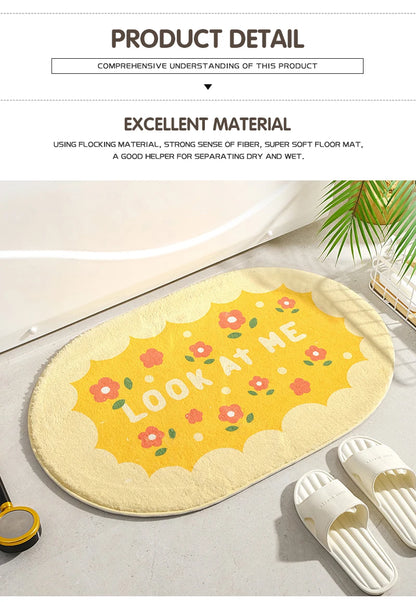 Small Fresh Floral Bath Mat, Absorbent Non-Slip Bathroom Rug with Words, Soft Toilet & Bedroom Floor Carpet, Decorative Entrance Doormat