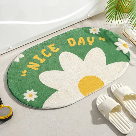 Small Fresh Floral Bath Mat, Absorbent Non-Slip Bathroom Rug with Words, Soft Toilet & Bedroom Floor Carpet, Decorative Entrance Doormat