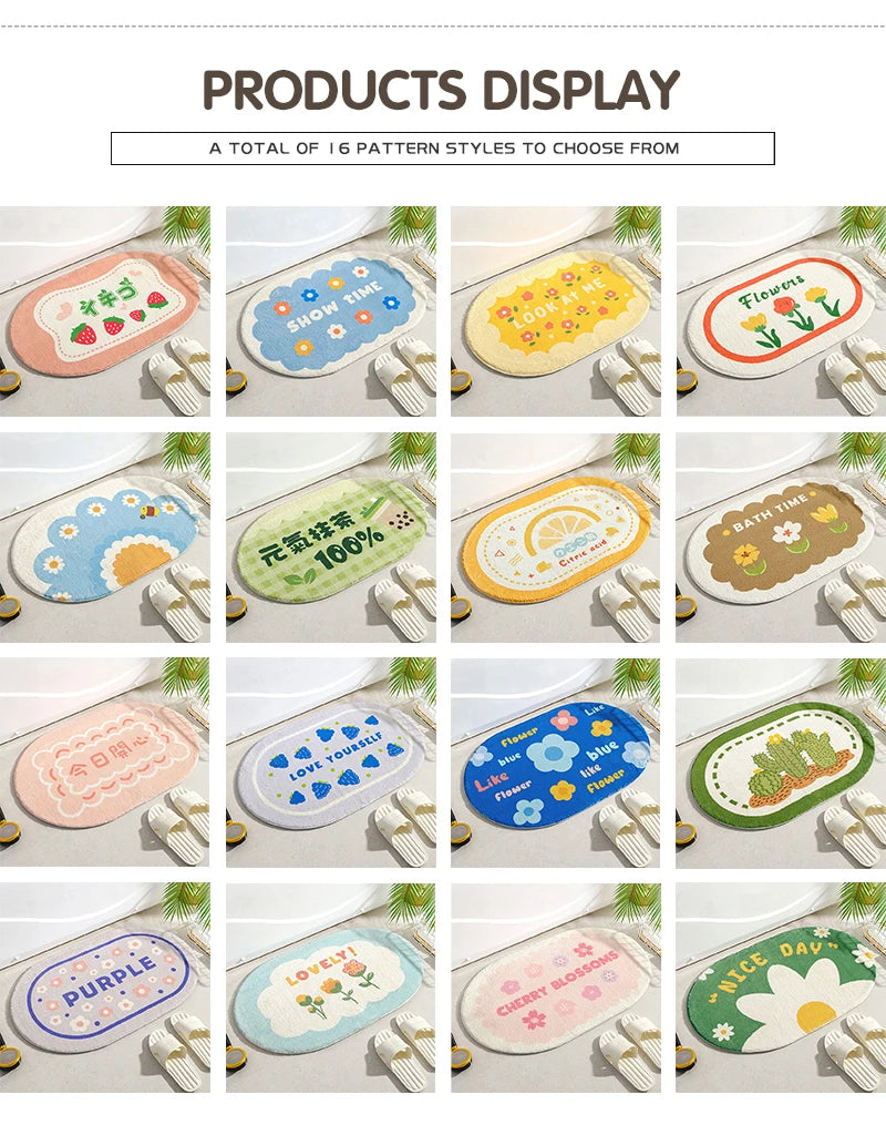 Small Fresh Floral Bath Mat, Absorbent Non-Slip Bathroom Rug with Words, Soft Toilet & Bedroom Floor Carpet, Decorative Entrance Doormat