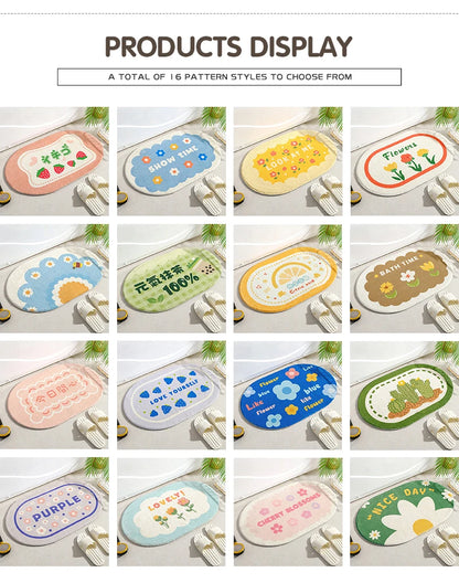 Small Fresh Floral Bath Mat, Absorbent Non-Slip Bathroom Rug with Words, Soft Toilet & Bedroom Floor Carpet, Decorative Entrance Doormat