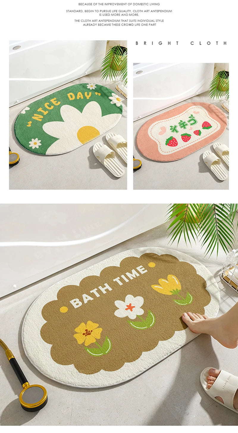 Small Fresh Floral Bath Mat, Absorbent Non-Slip Bathroom Rug with Words, Soft Toilet & Bedroom Floor Carpet, Decorative Entrance Doormat