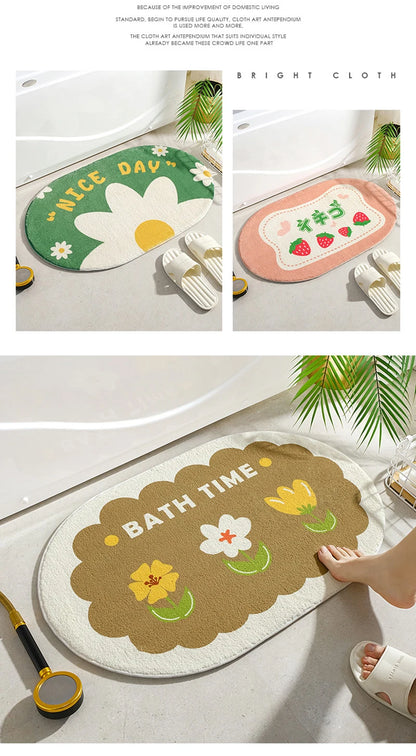 Small Fresh Floral Bath Mat, Absorbent Non-Slip Bathroom Rug with Words, Soft Toilet & Bedroom Floor Carpet, Decorative Entrance Doormat