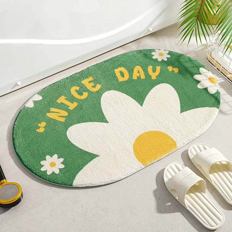 Small Fresh Floral Bath Mat, Absorbent Non-Slip Bathroom Rug with Words, Soft Toilet & Bedroom Floor Carpet, Decorative Entrance Doormat