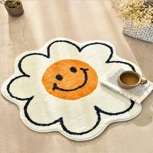 Round Smiley Flower Rug - Soft & Non-Slip Floor Mat for Bedside and Entryway