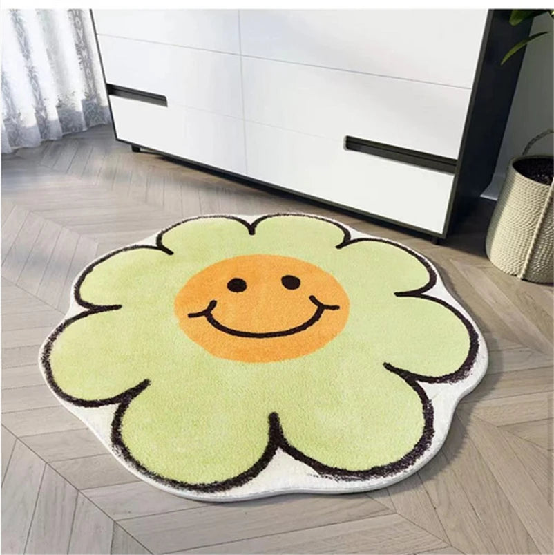 Round Smiley Flower Rug - Soft & Non-Slip Floor Mat for Bedside and Entryway