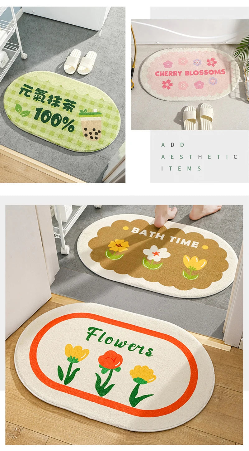 Small Fresh Floral Bath Mat, Absorbent Non-Slip Bathroom Rug with Words, Soft Toilet & Bedroom Floor Carpet, Decorative Entrance Doormat