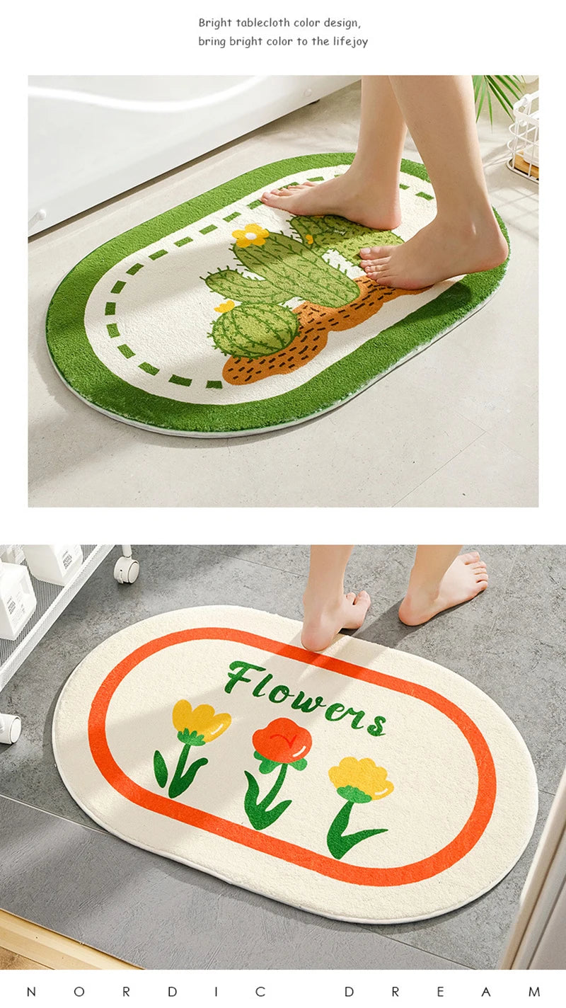 Small Fresh Floral Bath Mat, Absorbent Non-Slip Bathroom Rug with Words, Soft Toilet & Bedroom Floor Carpet, Decorative Entrance Doormat