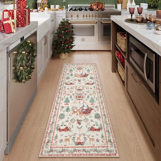 Christmas Red Runner Mat - Festive Hallway & Kitchen Rug, Machine Washable