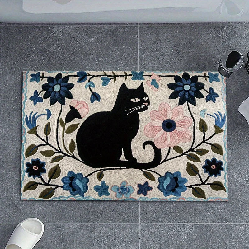 Black Cat Floral Floor Mat - Cute Pet Themed Rug for Bedroom & Children's Room