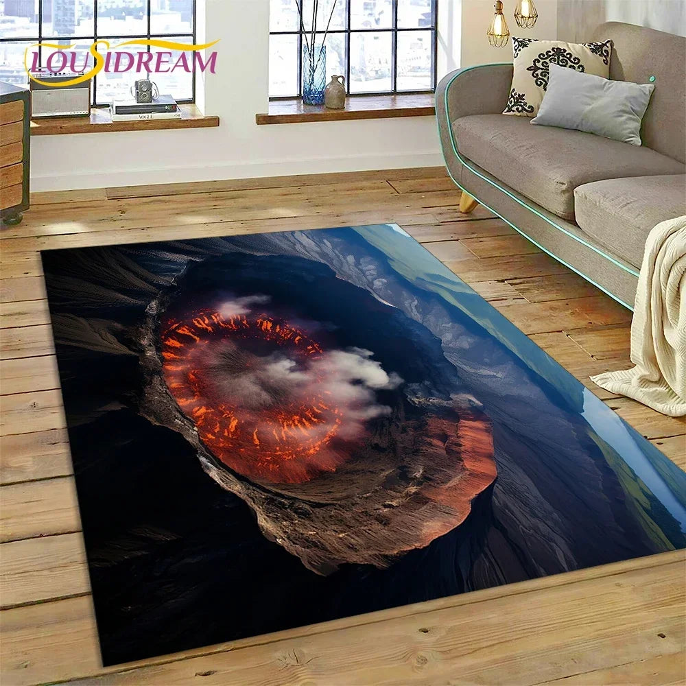 3D Volcano Rug for Kids Room - Lava Magma Themed Play Mat, Non-Slip Large Area Carpet