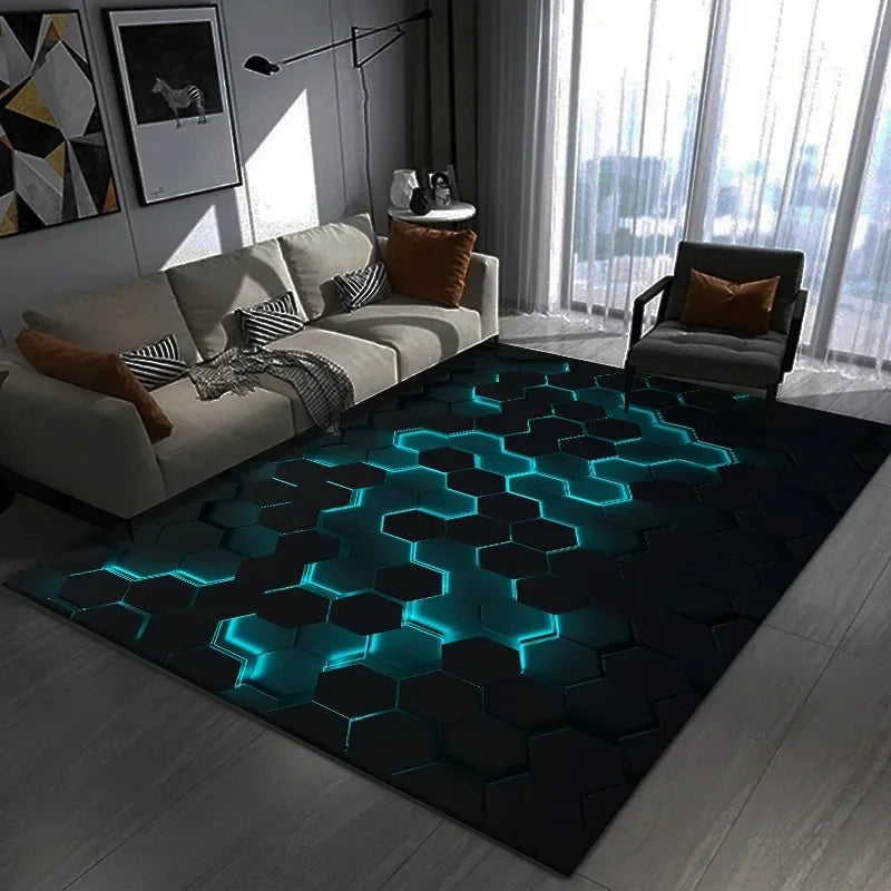 3D Geometric Gamer Rug - Large Dark Themed Carpet for Gaming Room & Bedroom Decor
