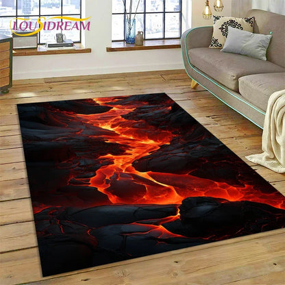 3D Volcano Rug for Kids Room - Lava Magma Themed Play Mat, Non-Slip Large Area Carpet