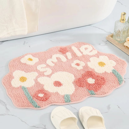 Small Floral Bath Mat - Plush Faux Cashmere, Absorbent & Non-Slip Rug