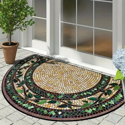 Mosaic Half-Round Rug - Golden Spiral & Leaf Border, Non-Slip Art Deco Mat