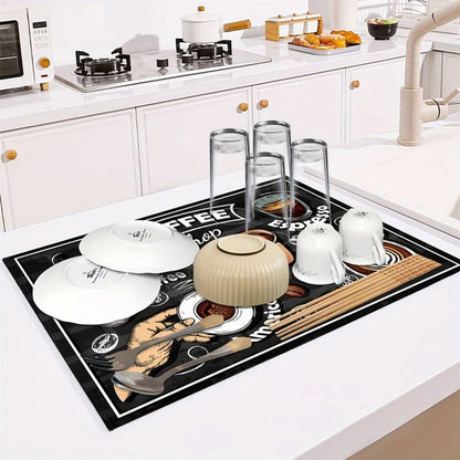 Coffee Machine Mat, Absorbent Counter Protector, Printed Utensil Drying Mat, Kitchen Desktop Drainage Pad, Sink Tray Liner