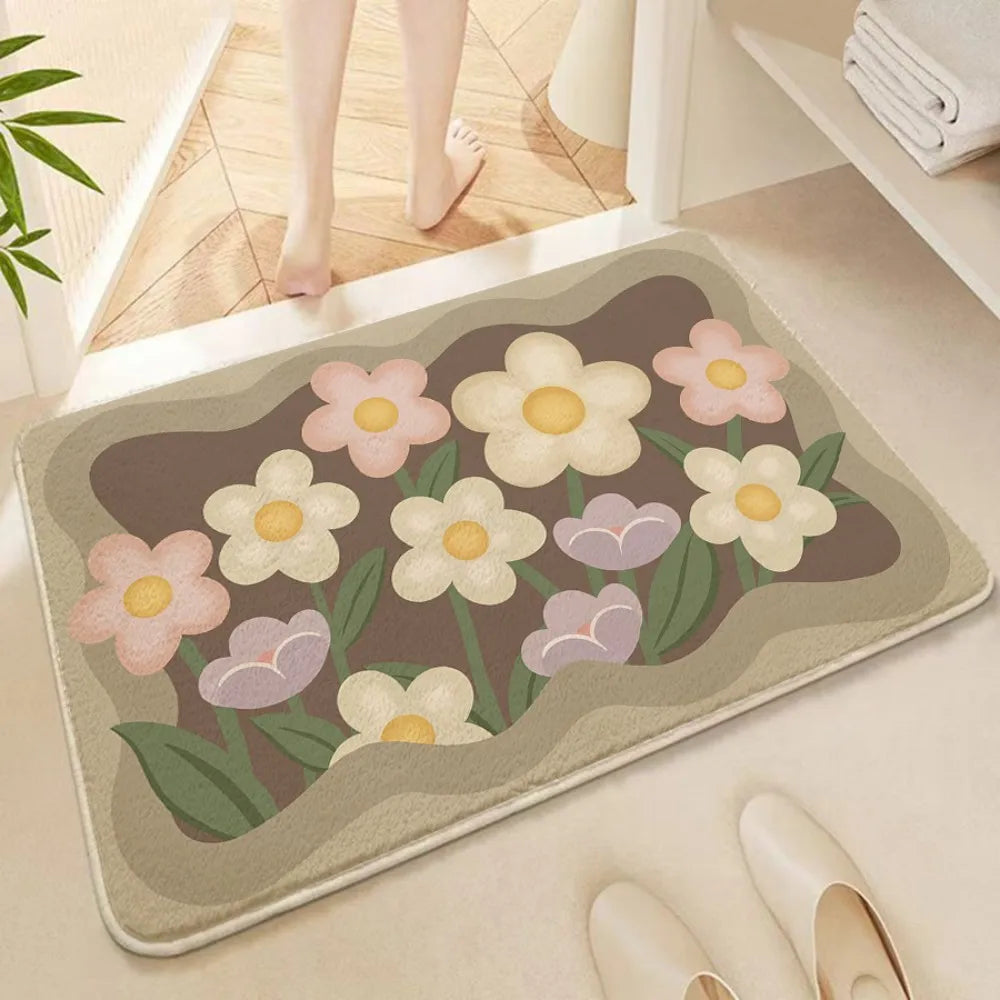 Daisy Print Non-Slip Rug - Small Fresh Floral Carpet for Bathroom & Entrance