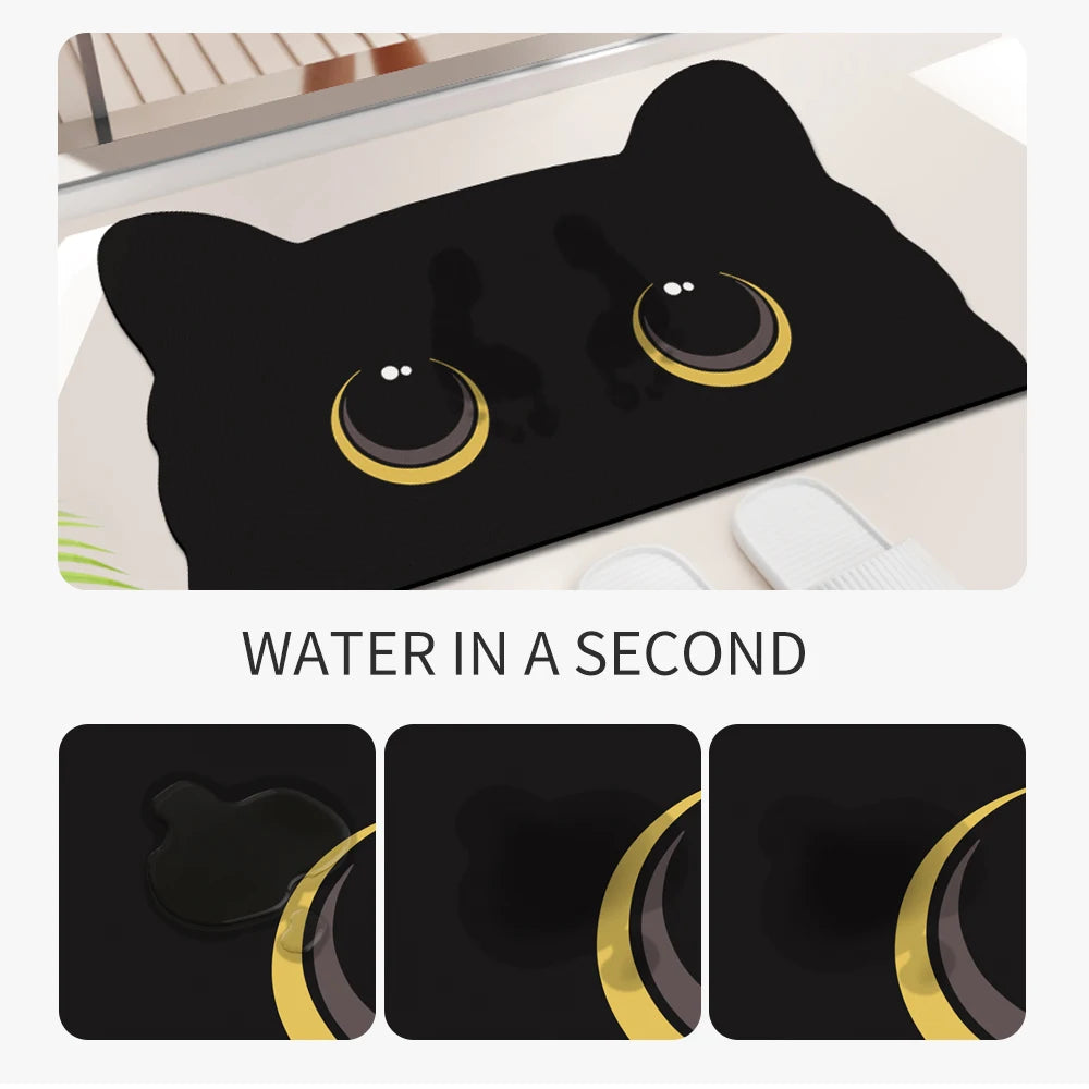 Cat Shaped Bath Mat, Diatomaceous Earth Quick Dry Mat, Funny Cat Lovers Gift, Absorbent Non-Slip Bathroom Rug, Black Cat Decor