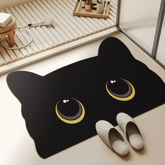 Cat Shaped Bath Mat, Diatomaceous Earth Quick Dry Mat, Funny Cat Lovers Gift, Absorbent Non-Slip Bathroom Rug, Black Cat Decor