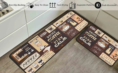 2-Pack Kitchen Rugs and Mats, Non-Slip Washable Floor Mat Set, Stain Resistant Coffee Brown Rugs, Kitchen Sink & Stove Mats