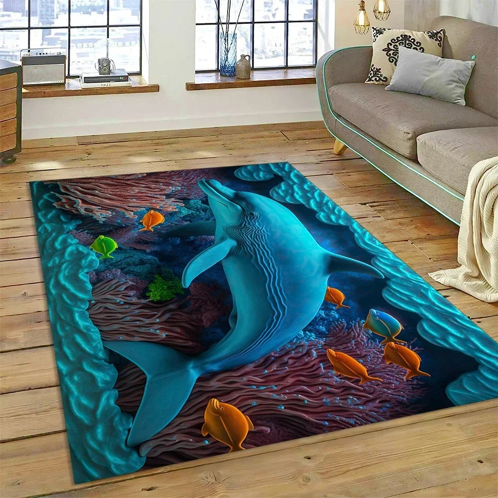 3D Dolphin Area Rug for Kids Room | Underwater World Theme | Non-Slip Playmat